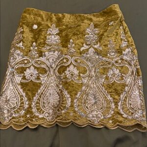 Embellished Velvet Mini Skirt in Olive Gold